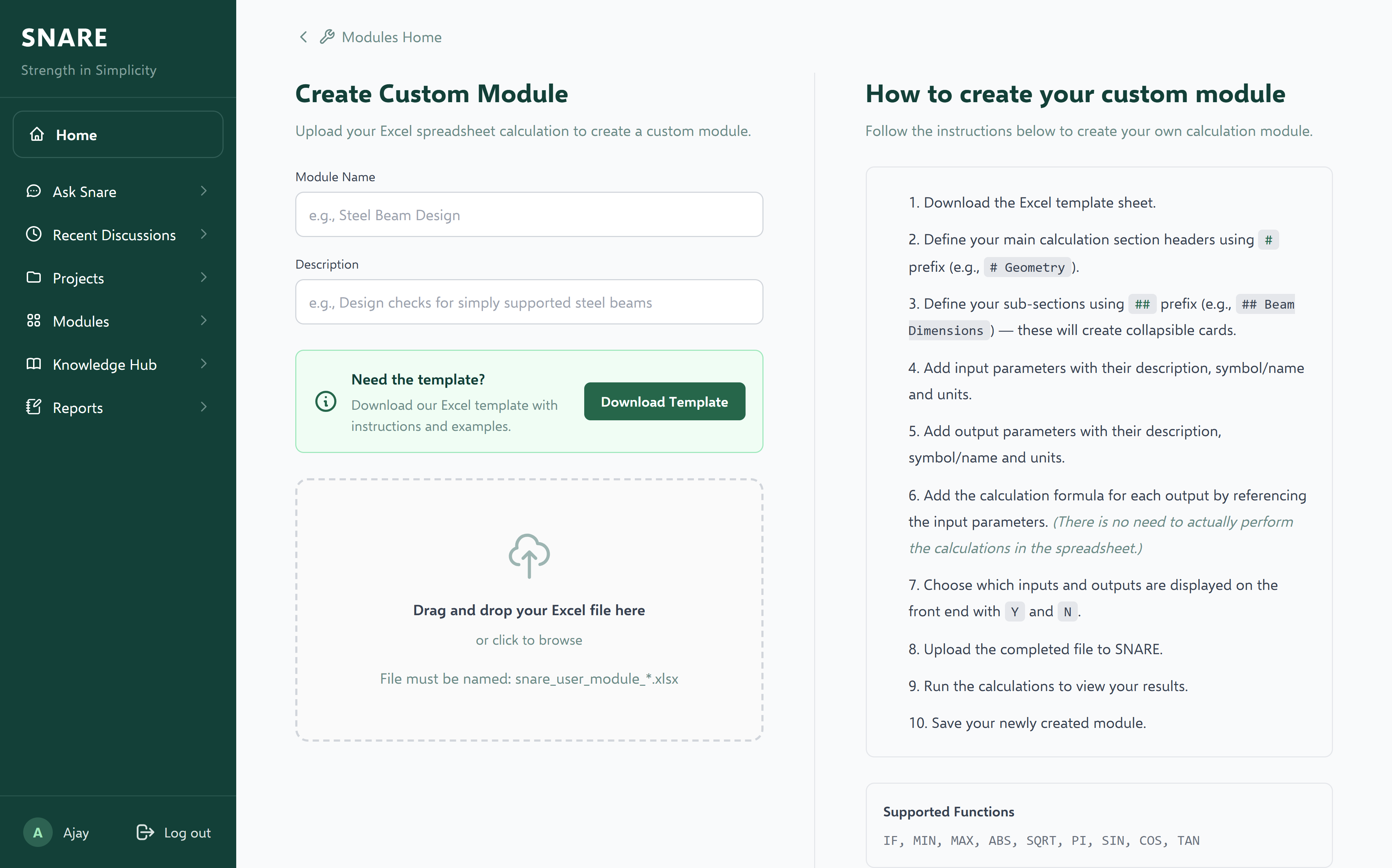 Snare — Create Custom Module: upload your Excel spreadsheet to create a custom module.