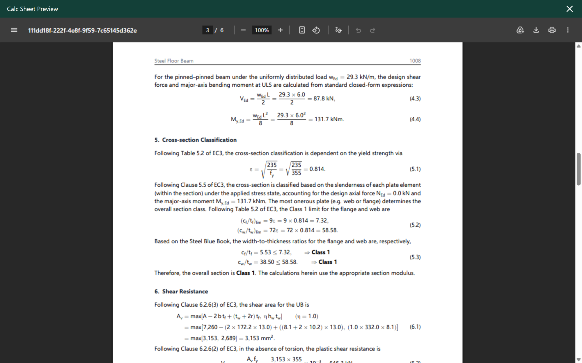 Snare — issue-ready PDF calc sheet: full working laid out with Eurocode references at each step.